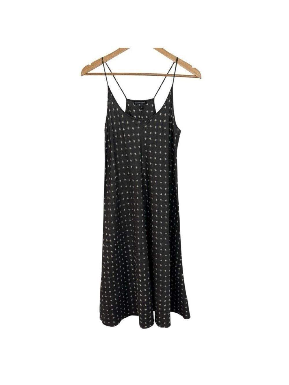 Eileen Fisher 100% Silk Polkadot Dress Sz XS Dark Grey Midi Slip Cami Halter